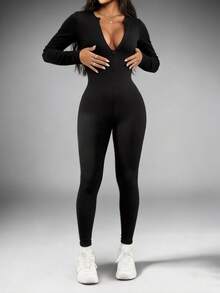 VENORA Women's Black Long Sleeve Zipper Unitard Jumpsuit With Round Neck, High Stretch Bodycon, Perfect For Fall, Casual Wear - Black - View 5