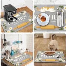 1 pieza Tapete de secado de platos, Tapete para cafetera, Tapete de secado de platos de cocina con patrón lindo de gato naranja & margarita, Protector de mesa de habitación, Regalo festivo, Decoración de cocina - XYLSD702 - Ver 11