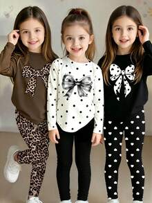 Random 6pcs/Set Girls Casual Fashion Cute Bow, Polka Dot, Heart, Leopard Print Long Sleeve And Tight Fit Set, School, Back To School Comfortable Daily Wear - Multicolor - View 7