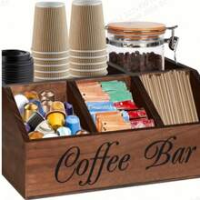 Rustic Wooden Coffee Station Storage Rack, Countertop Use, Multifunctional Brown Coffee Capsule Storage Basket With Drawer And Hooks, Suitable For Coffee, Tea And Accessories Decoration, Coffee Bar Applicable - Multicolor - View 1