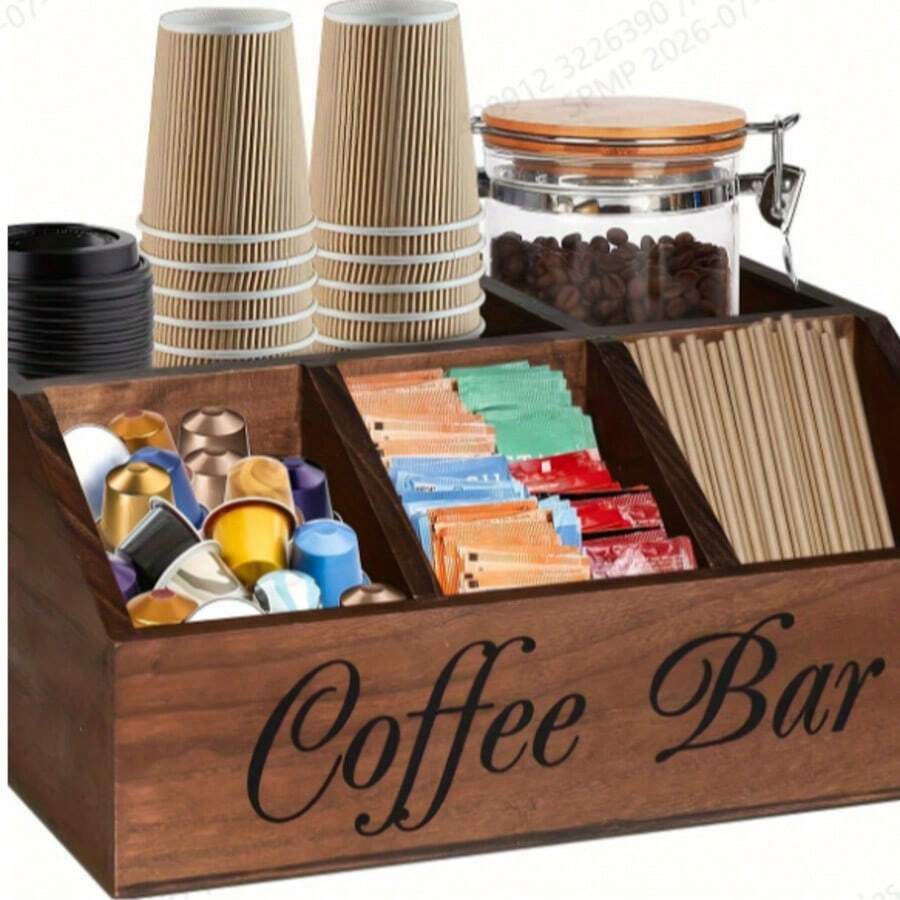 Rustic Wooden Coffee Station Storage Rack, Countertop Use, Multifunctional Brown Coffee Capsule Storage Basket With Drawer And Hooks, Suitable For Coffee, Tea And Accessories Decoration, Coffee Bar Applicable - Multicolor - View 1