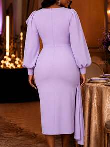 AOMEI Elegant Lavender Pleated Midi Dress For Autumn/Winter, Round Neck Lantern Sleeve, Irregular Ruffle Hem Slit Slim Fit Evening Gown, New Arrival - Lilac Purple - View 2