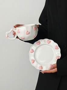 1 Set Pink Heart Embossed Ceramic Coffee Cup And Saucer, Breakfast Milk Cup Latte Coffee Cup Set, Suitable For Home, Cafe, Valentine's Day Gift, Mother's Day, Thanksgiving, Gift For Family And Friends - Multicolor - View 4