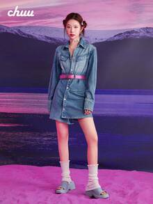 CHUU Single-Breasted Lapel Dress Women Autumn Asymmetrical Long Sleeve Chic Denim Mini Skirt - Blue - View 1