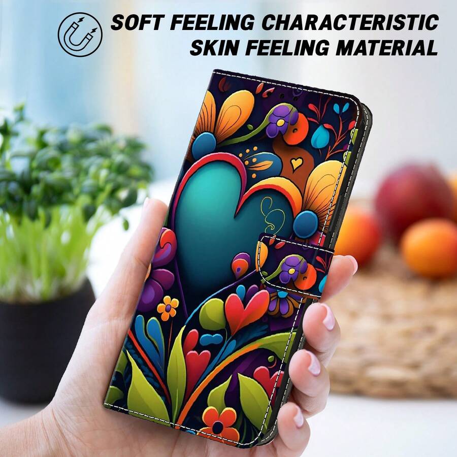GLANDOTU Funda de teléfono con cartera de piel con patrón de corazón y rosa roja de PU, multifuncional con soporte, ranuras para tarjetas, diseño de tapa abatible, se adapta a múltiples modelos, regalo de primavera - Multicolor - Ver 1
