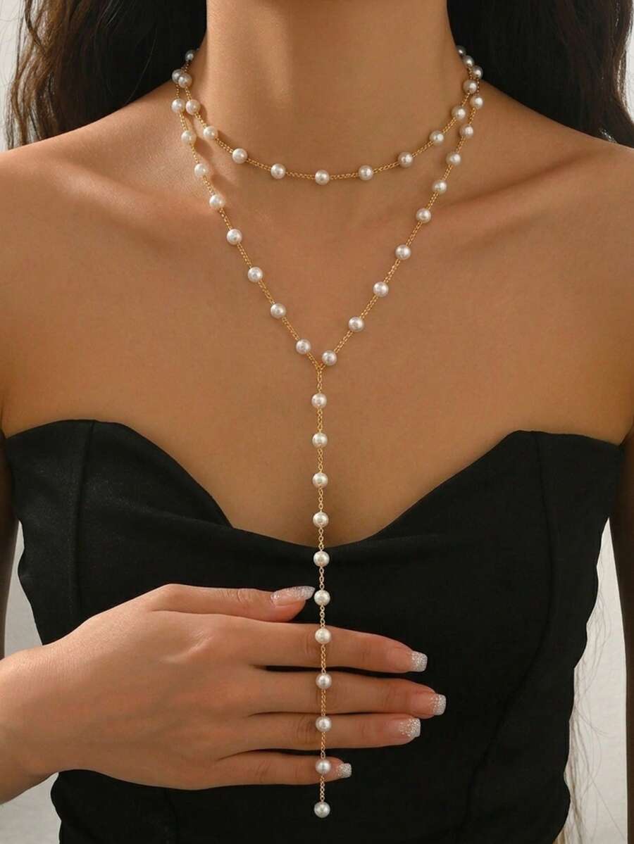 1pc Elegant Double Layer Long Y-Shaped Faux Pearl Pendant Necklace, Suitable For Women's Daily Wear, Holiday Gift And Birthday Gift - Gold - View 1