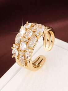 1pc Women's Fashion Multi-Layer Open Adjustable Ring, Full Rhinestone Stackable Design, Versatile Elegant Finger Jewelry For Party And Commute - Open Ring - View 1