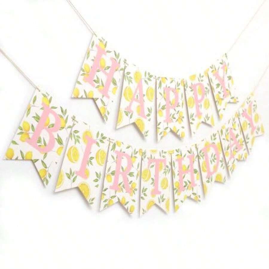 Happy Birthday Banner - Lemon Theme Party Garland, With Adjustable Distance, Non-Glare Paper Cardstock Bunting Sign, For Summer Tropical Fruit Birthday Decorations - Pink Lemonade - View 1
