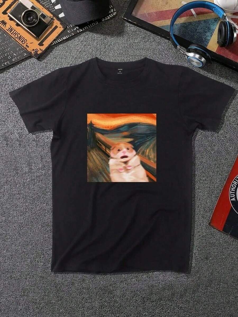 Manfinity Roghcode Herren-T-Shirts mit Rundhalsausschnitt, Kurzarm, Grafik-Design, Casual Summer Meme Mu Summer, Oversized T-Shirt, Alltags-Oversized-Shirts - Schwarz - Übersicht 1