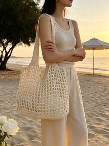 Beige Hollow Crochet Mesh Tote Bag, Large Capacity Open Knit Shoulder Bag, Lightweight Breathable Handbag For Beach Vacation Travel - Beige - View 4