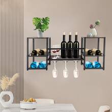 YUNRUX Wall-Mounted Wine Rack For Display, Industrial Shelf For Wine Bottles And Glasses - 棕色 - 查看 10