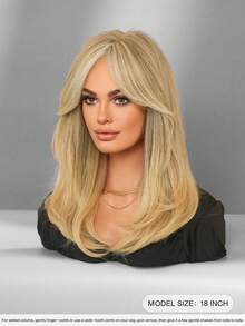 7JHH WIGS 中長款米金色分層假髮，附簾幕瀏海，18英吋蓬鬆耐熱合成纖維全機製假髮，適合女性派對穿著、萬聖節與節慶 Cosplay 及日常使用 - 亞麻金 - 查看 4
