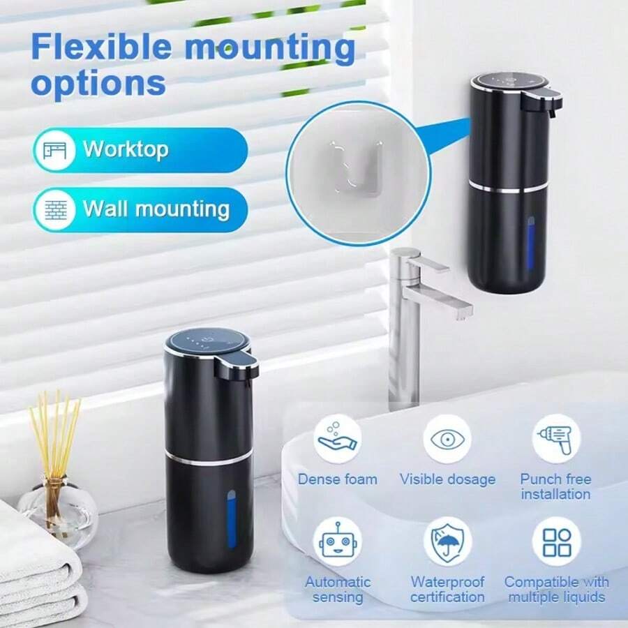 DONASIRA 1件裝 380ml 低噪音免接觸壁掛式智能自動皂液器，4段可調液量設定，全黑瓶身，泡沫/液體出液