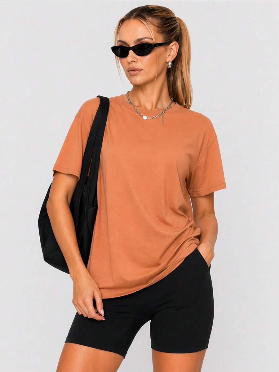 Nonwe Women Loose Fit Plain Short Sleeve T Shirt Soft Stretch Crew Neck Casual Sports Basic Tee Daily Wear - Brown - View 1