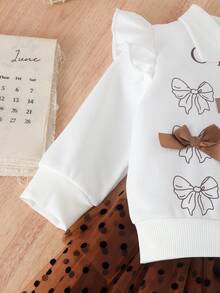 2pcs Baby Girl Sweet Spring/Autumn Outfit Set, 3D Bow Flutter Sleeve Sweatshirt With Coffee Polka Dot Puff Tulle Skirt, Lightweight Princess Style - White - View 6