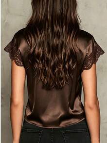 Women's Solid Color Sweet Satin Lace Patchwork V-Neck Tie Loose-Fitting Slim Vacation Style Top, Lace Patchwork Tie Sleeveless Solid Color Summer - Brown - View 4
