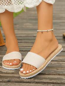 Women's Beige One Strap Flat Slides, Imitation Rope Sole With Metal Decor, Summer Beach Vacation Sandals - Beige - View 3