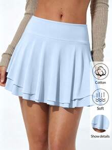1pc Women's Sports Skirt, High Waist Running Skort With Pockets, 2 In 1 Design - Baby Blue - View 2