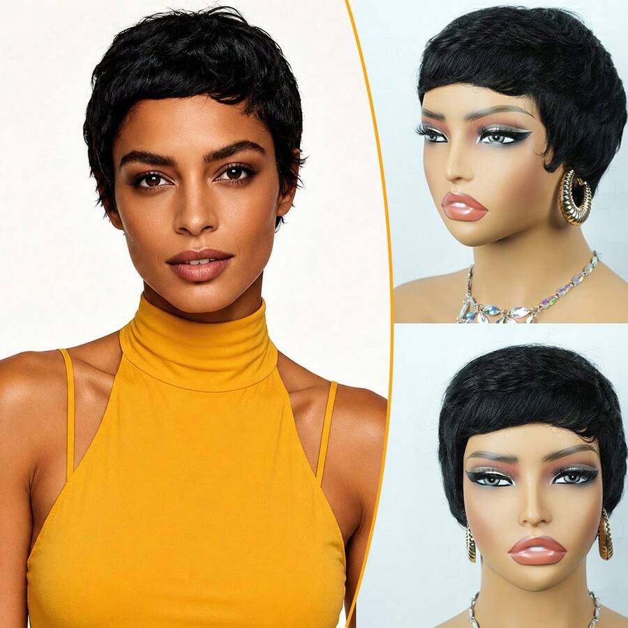 Short Straight Pixie Cut Wig For Women Human Hair Soft And Comfortable Machine-Made Breathable Quick Hairstyle Change Natural Look Perfect For Daily Use Cosplay Carnival And Christmas Short Hair Wigs Elegant Hairpiece, , Fashion Enthusiasts - Natural Black - 查看 1