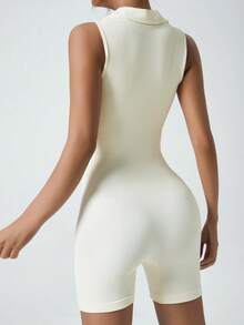 Women's V-Neck Polo Collar Button Design Sleeveless Jumpsuit, Ribbed Elastic Abdominal Compression Running Dance Fitness Yoga Tennis Sports Summer - White - View 2