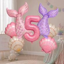 8pcs Mermaid Foil Balloon Set, Large Mermaid Tail Shell And Pink Number Balloons, Birthday Party, Baby Shower Decoration - View 3