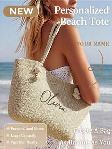 Personalized Woven Straw Beach Bag Custom Letter Tote Large Capacity Summer Vacation Shoulder Bag Travel Handbag Gift For Women Bridesmaid Girlfriend - Multicolor - View 1