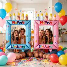 Birthday Photo Frame Aluminum Foil Balloon, Candle Striped Print Selfie Frame Foil Balloon, Birthday Party Atmosphere Photo Props Party Scene Decoration - Multicolor - View 3
