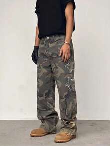 Men's Wide Leg Straight Camouflage Cargo Pants, Five-Point Star Patch Raw Hem Multi-Pocket Cargo Denim Jeans, Street Fashion Outfit Jeans - Army Green - View 3