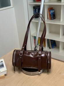 Vintage Faux Leather Cylinder Underarm Bag With Adjustable Shoulder Strap, Niche American Style Commuter Shoulder Bag - Coffee - View 6