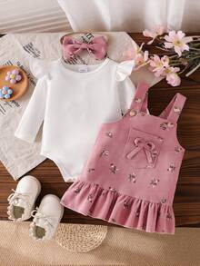 Baby Girl 3-Piece Set For Spring/Autumn: White Ruffle Sleeve Bodysuit + Pink Floral Ruffle Hem Suspender Dress, Comes With Matching Hair Accessory - Pink - View 2
