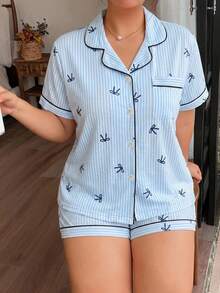 2pcs Comfortable Striped Bow Print Plus Size Summer Short Sleeve Lapel Top And Bow Shorts Women Pajama Set - Blue - View 3