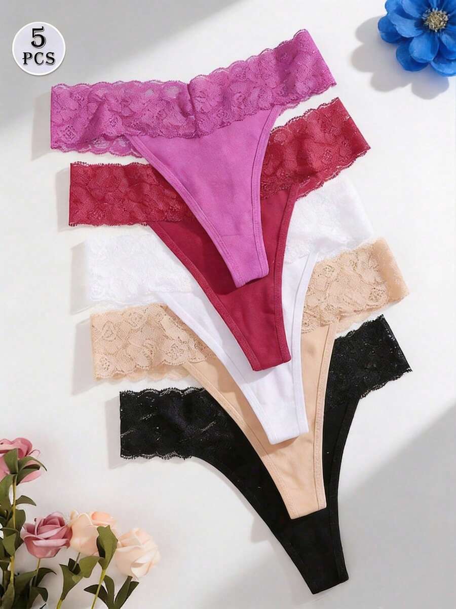 5pcs/Pack Celana Dalam Thong Wanita Kasual Berwarna-warni dengan Motif Renda dan Pinggang Rendah - MultiWarna - View 1