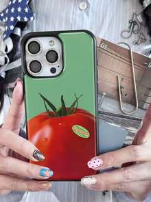 1 pieza Funda de teléfono con etiqueta de tomate de fruta estilo fresco compatible con Apple 17 Pro Max, 16 Pro, 13 - Verde - Ver 2