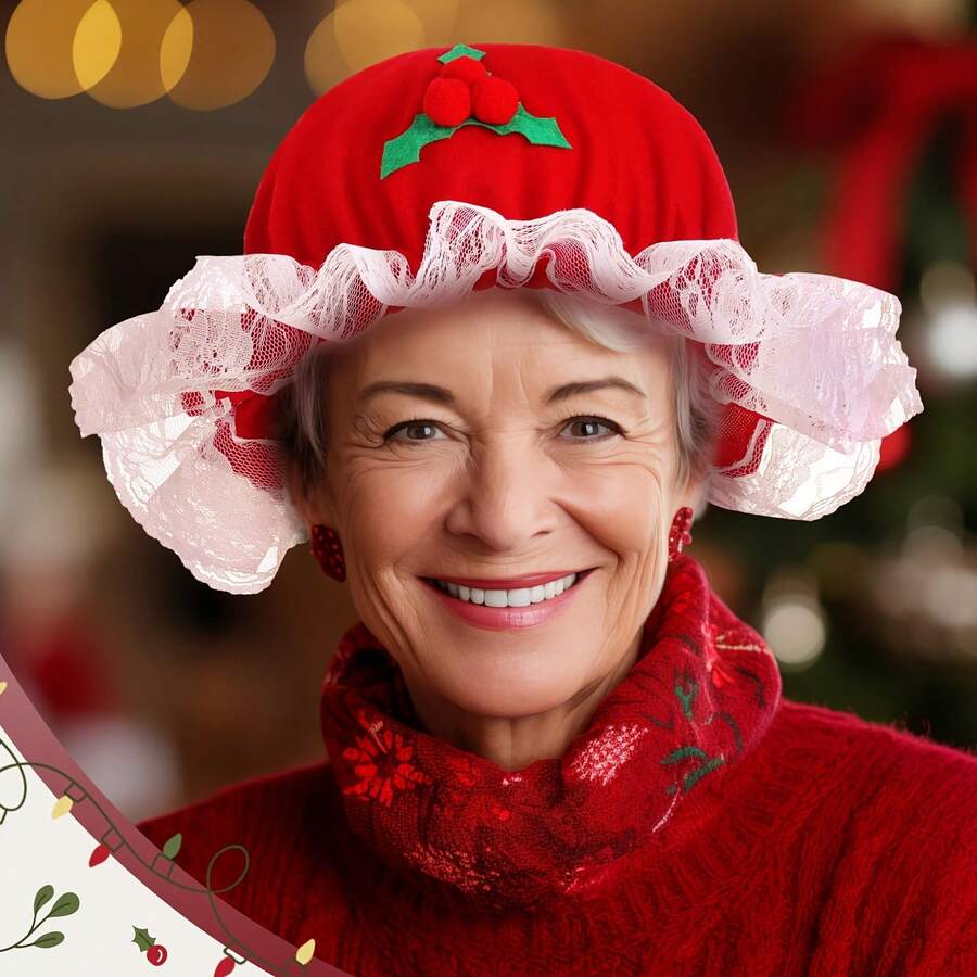 1pc Red Grandma Christmas Hat, Santa Claus Mrs. Claus Cosplay Costume Party Hat, Red Hat Grandma, Holiday Dress Up Fun Choice - Multicolor - View 1