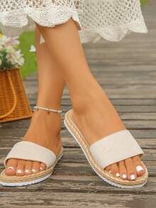 Women's Beige One Strap Flat Slides, Imitation Rope Sole With Metal Decor, Summer Beach Vacation Sandals - Beige - View 5