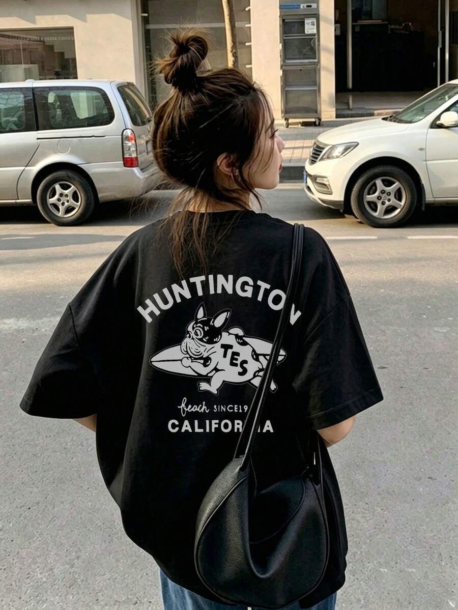 女款春夏圓領寬鬆百搭字母卡通狼狗印花短袖T恤休閒黑色 - 黑色 - 查看 1