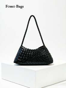 Bolso de hombro de estilo japonés & coreano con diseño de nicho minimalista de moda Ins, textura tejida de gran capacidad versátil para ir al trabajo, uso al aire libre, compras diarias, bolso de axila, bolso baguette, bolso de mano pequeño - Negro - Ver 1