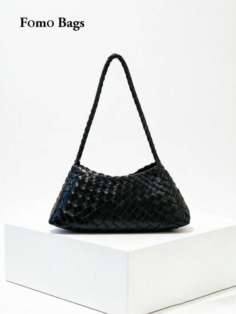 Bolso de hombro de estilo japonés & coreano con diseño de nicho minimalista de moda Ins, textura tejida de gran capacidad versátil para ir al trabajo, uso al aire libre, compras diarias, bolso de axila, bolso baguette, bolso de mano pequeño - Negro - Ver 1
