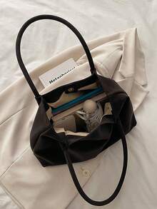 Fashionable Soft Tote Bag, Large Capacity Open Design, Dual Short Handles, Lightweight Daily Commute Shopping Travel Bag - Coffee - View 5