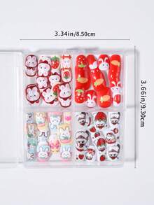 96pcs (4 Styles)/Box, Short Oval Cute Rabbit, Cat And Strawberry Pattern Nail Stickers, Sweet Style Press-On Nails - 彩色 - 查看 6