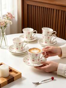 6-Piece (1 Set 90ml) Ceramic Coffee Cup And Saucer Set, Tulip Pattern, Microwave And Dishwasher , Includes Espresso Cup And Arabic Coffee Cup, Suitable For Afternoon Tea, Cafe, Kitchen And Home Decor - Multicolor - View 7