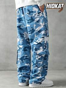 Hidkat Men's Autumn Camouflage Cargo Pants With Contrast Color, Multiple Pockets, Elastic Waist, Drawstring Adjustable Hem, Streetwear Sports Outdoor - Blue - View 3