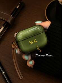 Personalized Minimalist Morandi Color Earphone Case In Olive Green, Black, Blue And Grey, Translucent With Leather Strap, Creative Design Compatible With Apple Case, Great Gift For Valentine's Day, Birthday, Holidays, Women - Dark Green - View 1