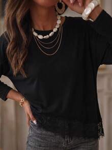 Plus Size Women Solid Color Contrast Lace Hem Long Sleeve Top - Black - View 4