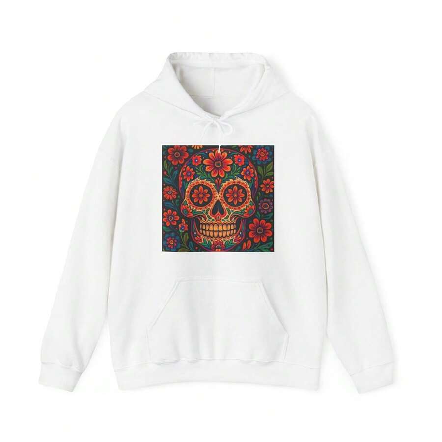 Women's Halloween Sugar Skull Hoodie, Colorful Floral Calavera Graphic Pullover, Day Of The Dead Sweatshirt, Oversized Casual Fall Winter Fashion Top - White - View 1