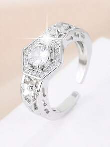 1pc Women's Fashion Hexagon Main Stone Hollow Open Ring, Vintage Pattern Exquisite Rhinestone Adjustable Finger Ring, Commute Versatile Elegant Accessory - JZ22250 - View 9