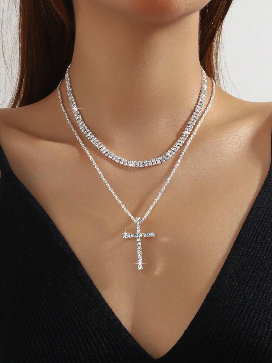 Full Rhinestone Cross Double Layer Stacked Necklace, Silver Tennis Chain Hip Hop Collarbone Necklace Women's Accessory - Personalized Necklace - View 1