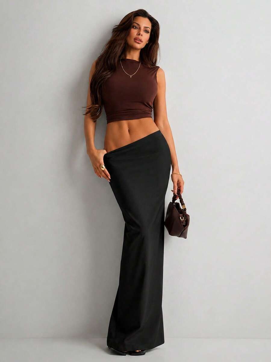 Women Straight Fit Long Vacational Skirt - Black - View 1