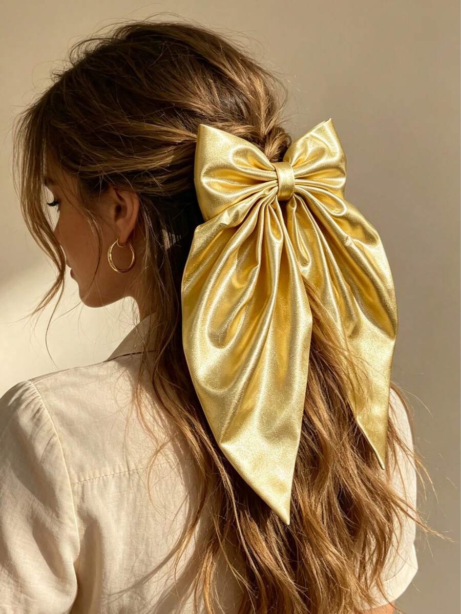 2pcs Vintage Gold & Silver Dual-Tone Oversized Bow Hair Clips, Versatile Spring Hair Clips For Girls' School Outfit, Birthday Party - Multicolor - View 1