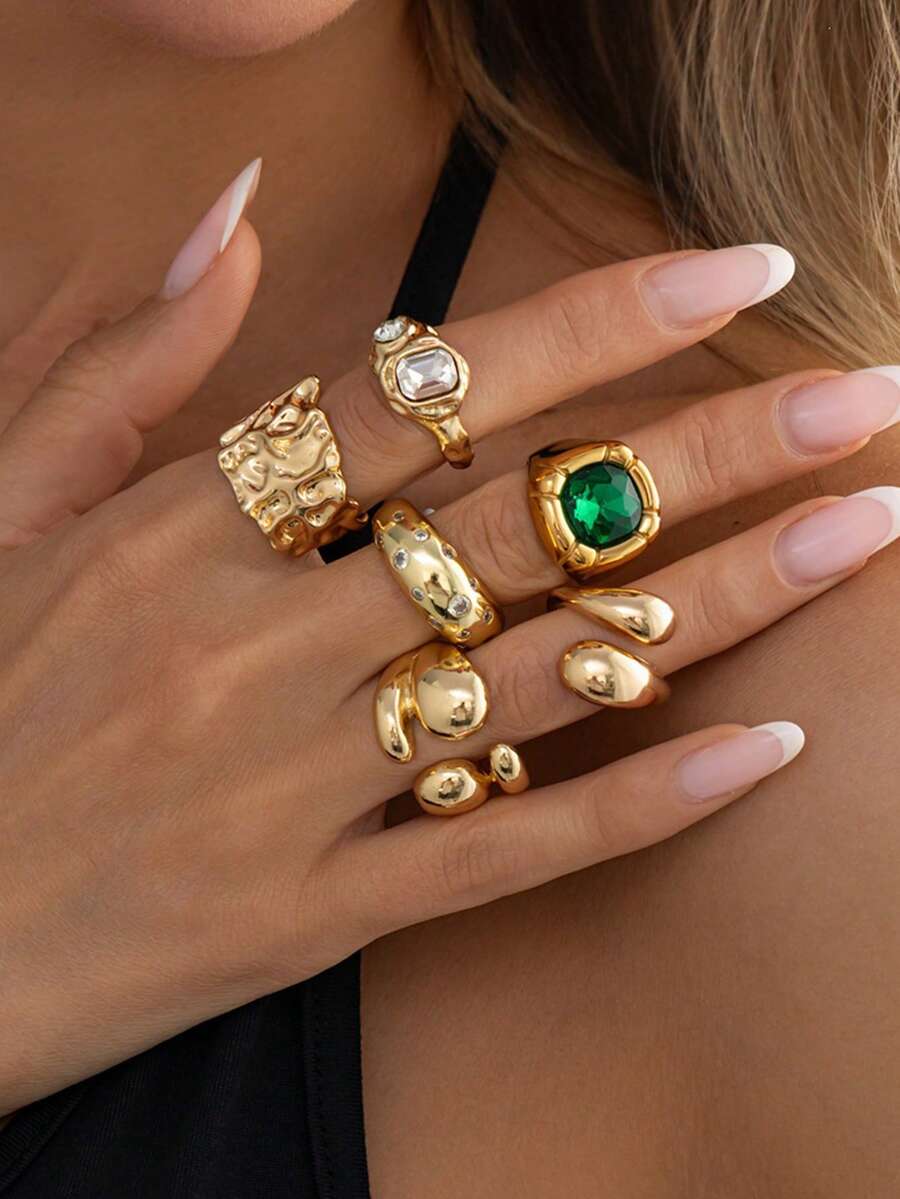 6 piezas/Set Anillos abiertos geométricos vintage, Anillos apilables personalizados con gemas plisadas, Estilo para mujer